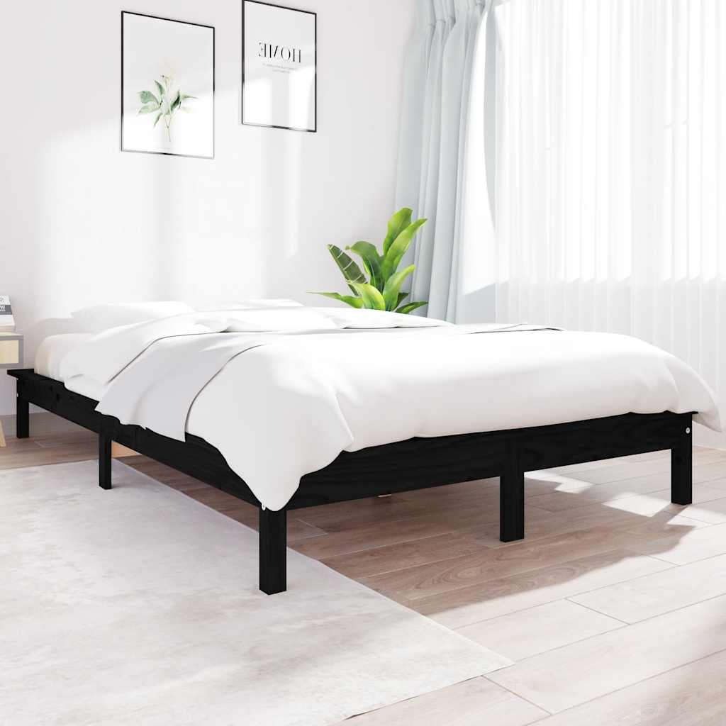 Bed Frame | Black | Solid Pine Wood | King Size | Decorative Inlays