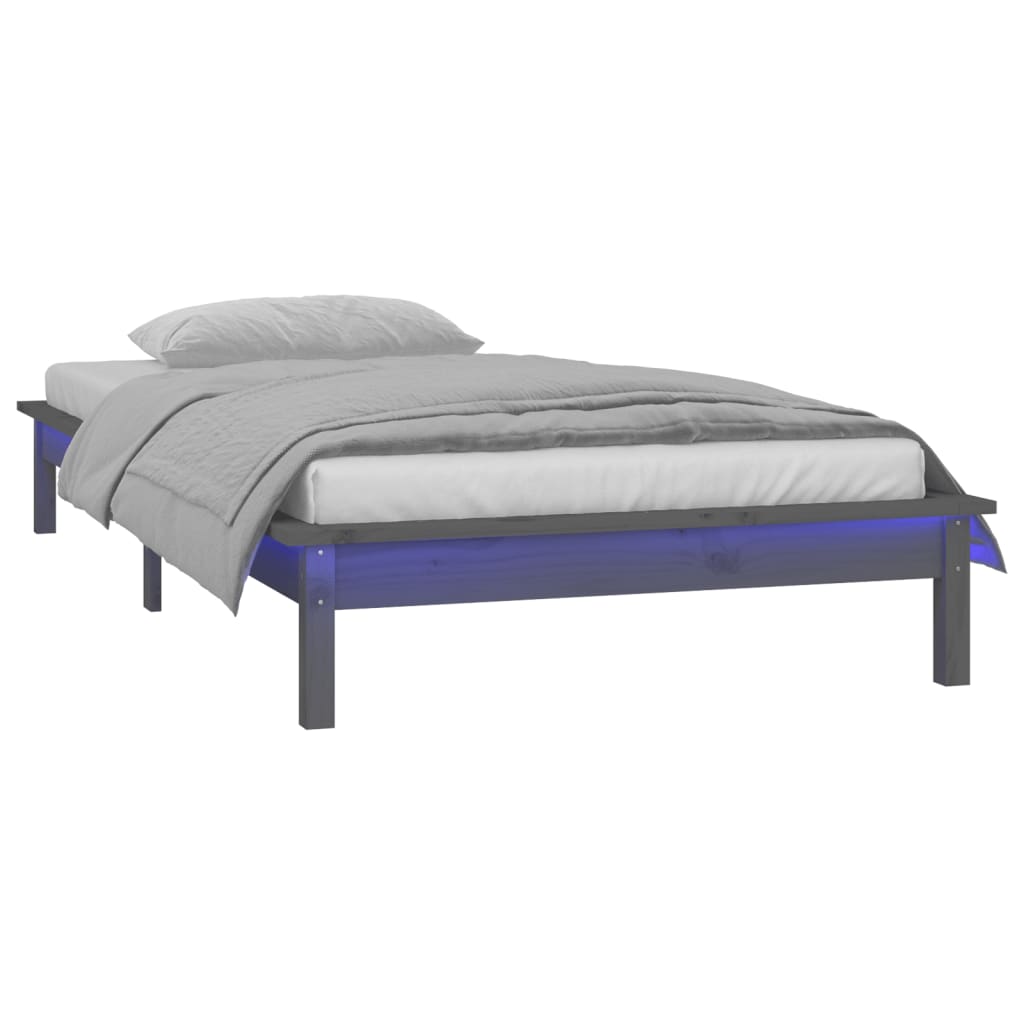 LED Bed Frame without Mattress Grey 75x190 cm Small Single  Solid Wood