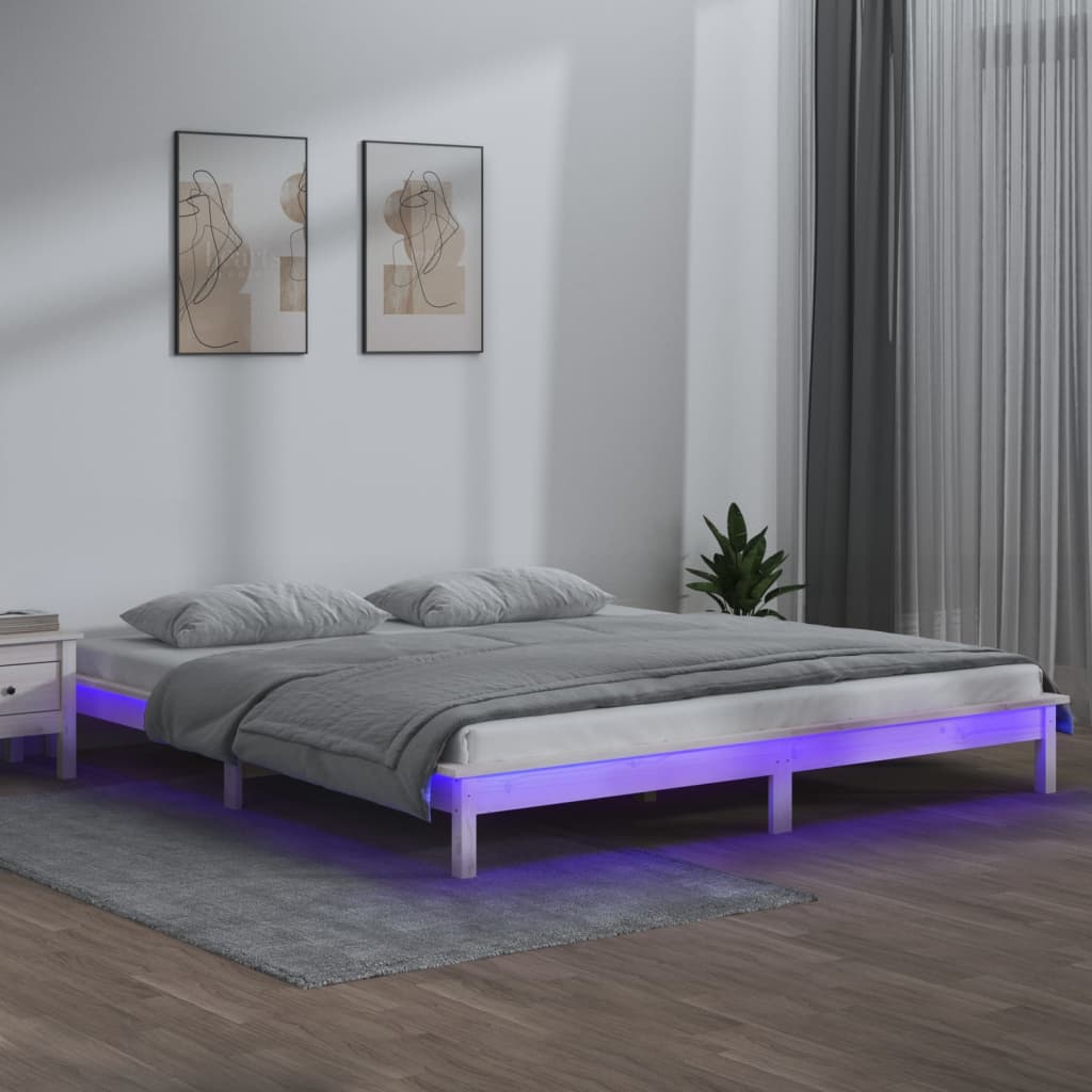 LED Bed Frame without Mattress White 135x190 cm Double Double Solid Wood