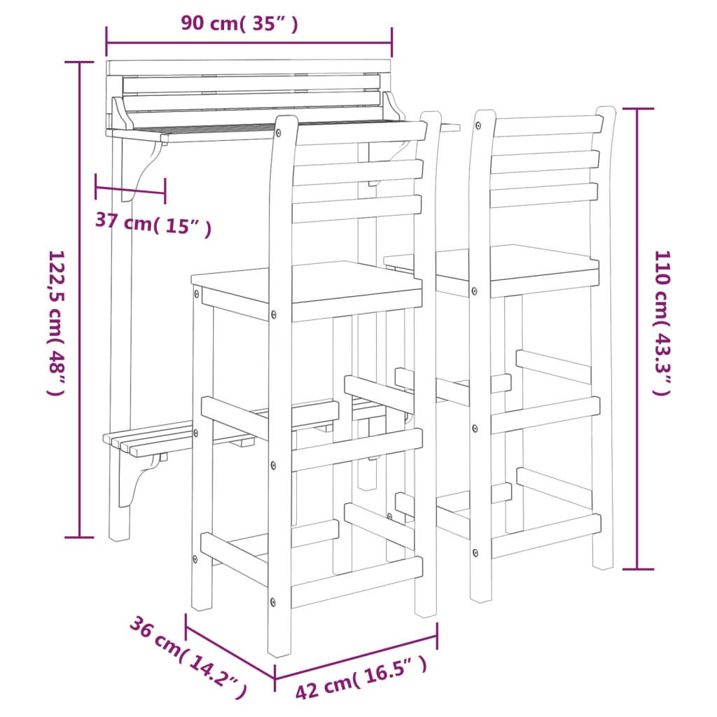 Balcony Bar Set | Brown | Solid Acacia Wood | Medium | With Footrest