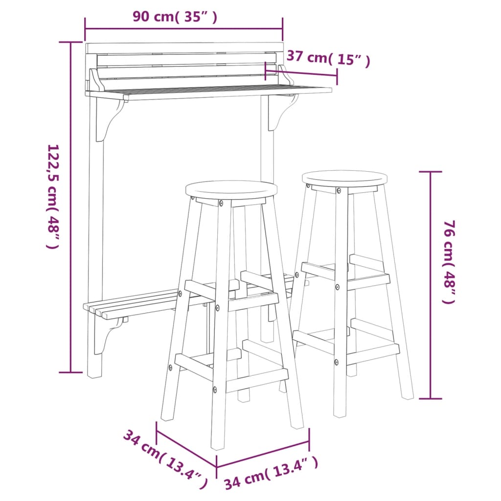 Balcony Bar Set | Natural wood | Solid Acacia wood | Medium | Footrest