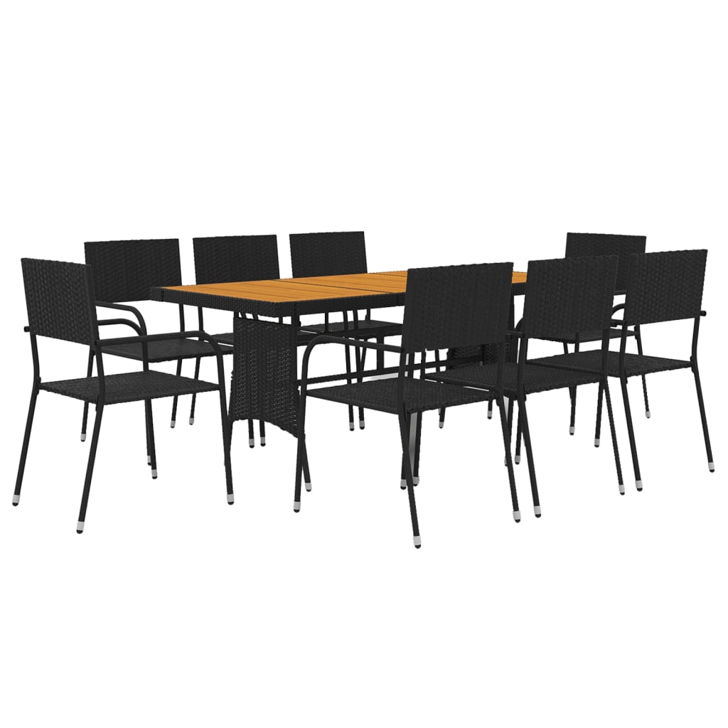 Outdoor Dining Set | Black | PE Rattan, Steel, Solid Acacia Wood | Large