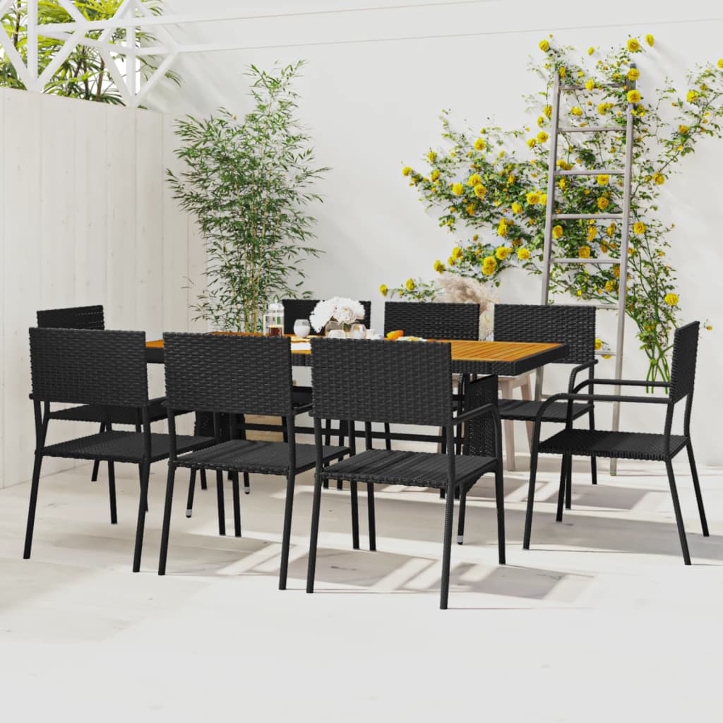 Outdoor Dining Set | Black | PE Rattan, Steel, Solid Acacia Wood | Large