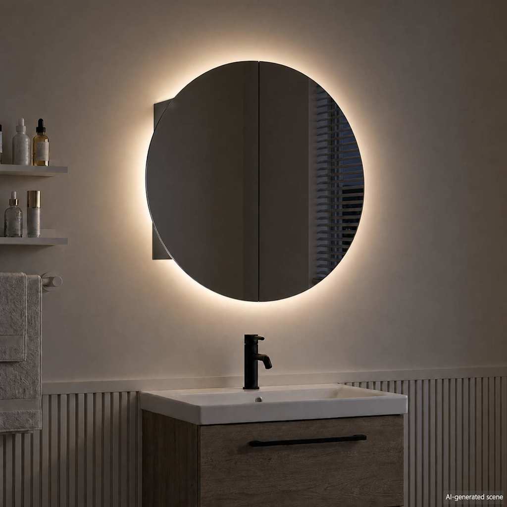 Bathroom Cabinet with Round Mirror&LED Black 40x40x17.5 cm