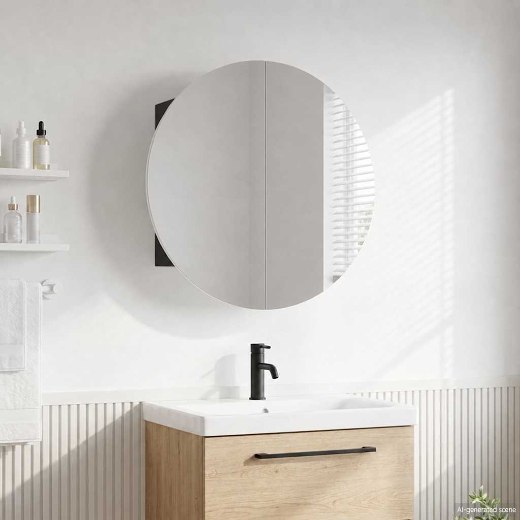 Bathroom Cabinet with Round Mirror&LED Black 40x40x17.5 cm