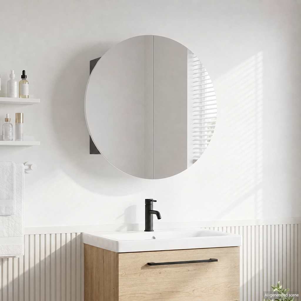 Bathroom Cabinet with Round Mirror&LED Grey 40x40x17.5 cm
