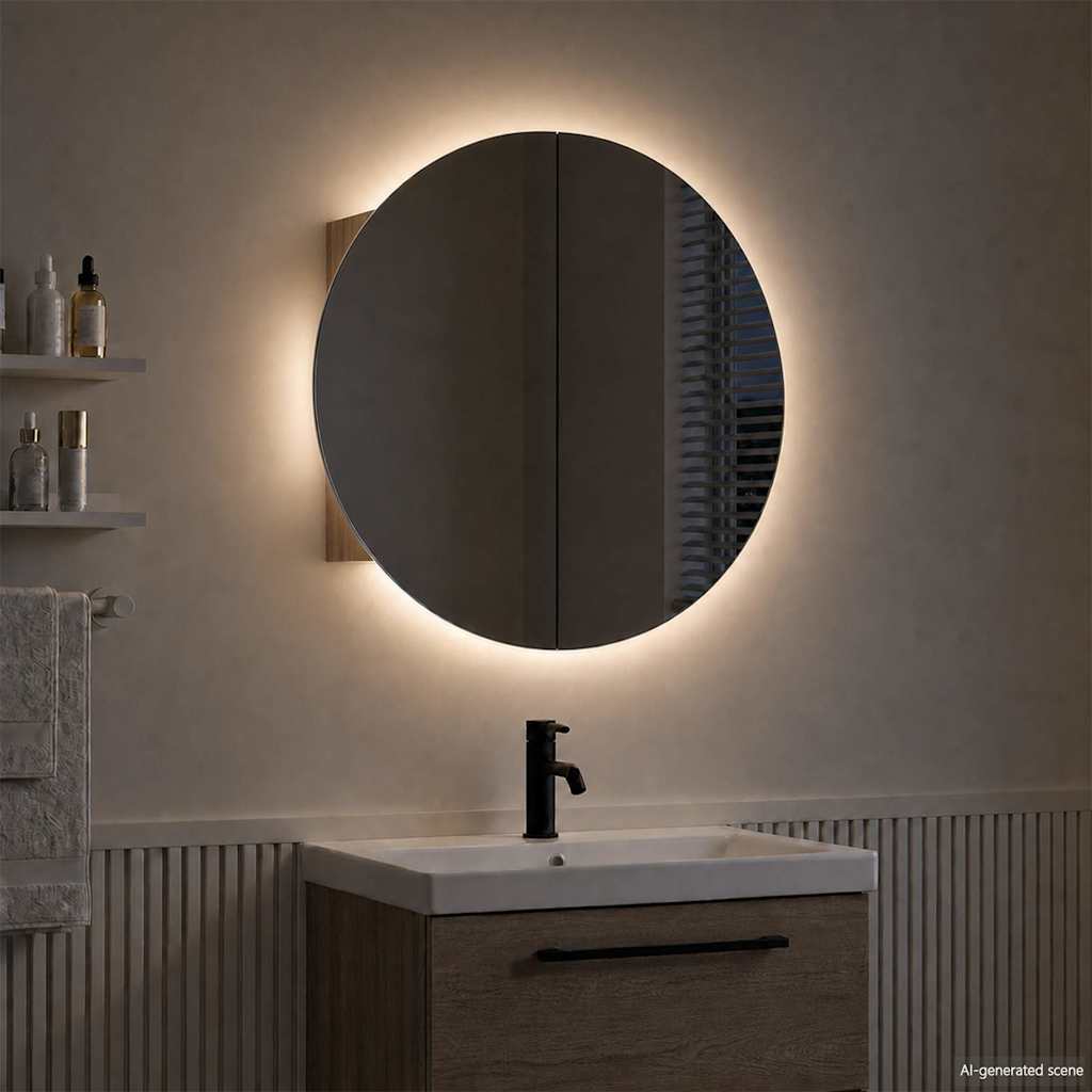 Bathroom Cabinet with Round Mirror&LED Oak 40x40x17.5 cm