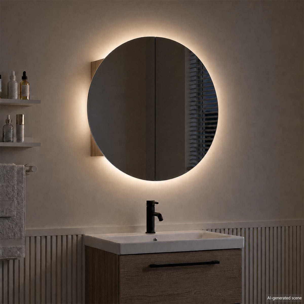 Bathroom Cabinet with Round Mirror&LED Oak 40x40x17,5 cm