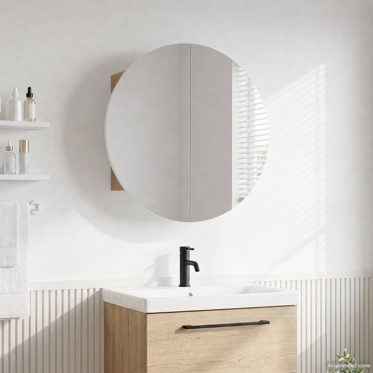 Bathroom Cabinet with Round Mirror&LED Oak 40x40x17,5 cm