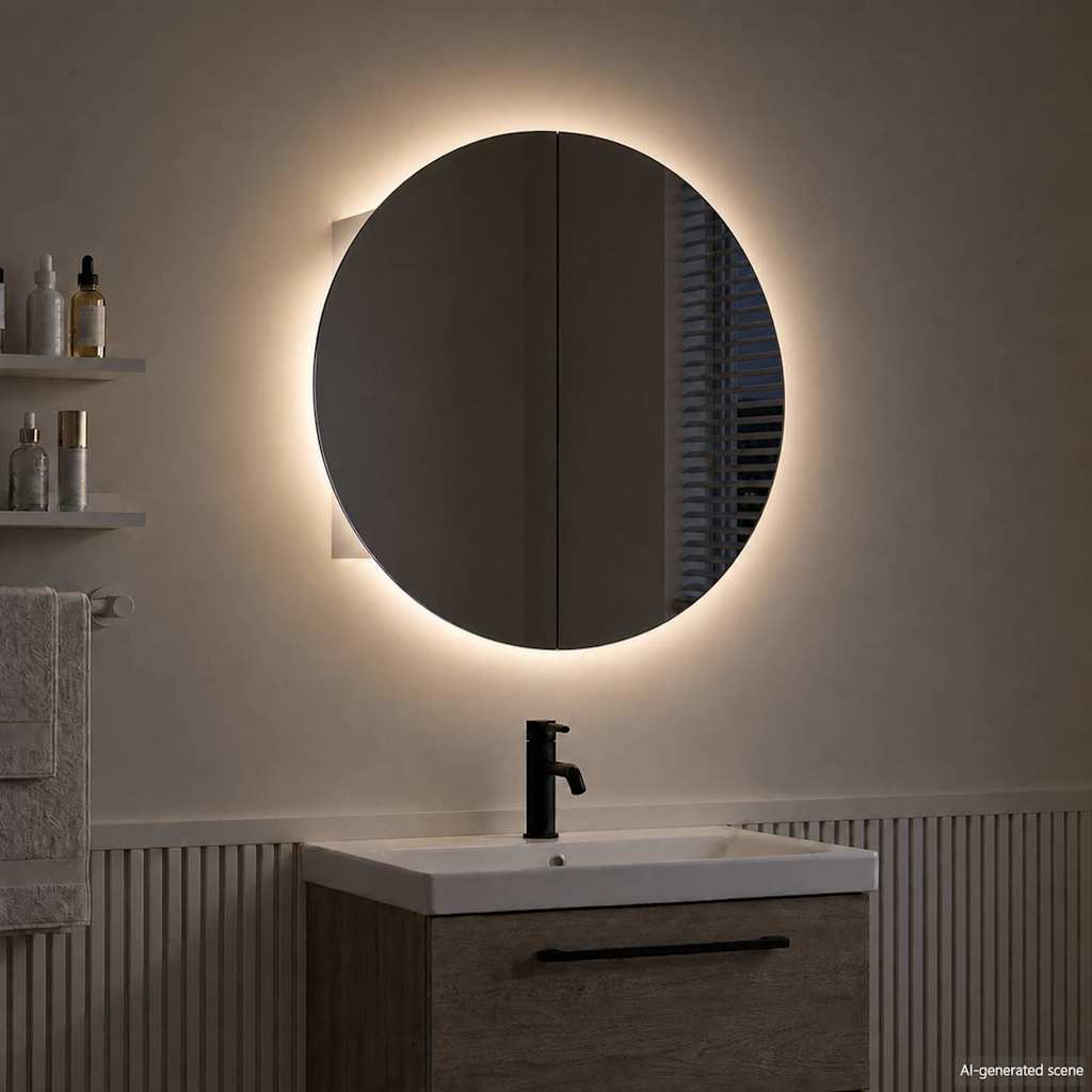 Bathroom Cabinet with Round Mirror&LED White 47x47x17.5 cm
