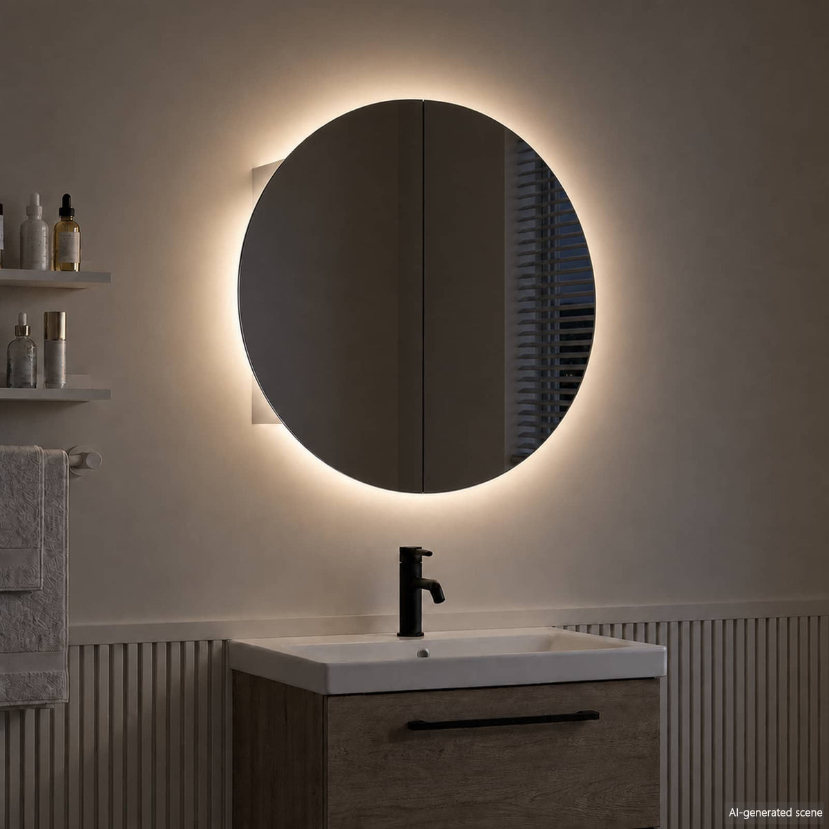 Bathroom Cabinet with Round Mirror&LED White 47x47x17,5 cm