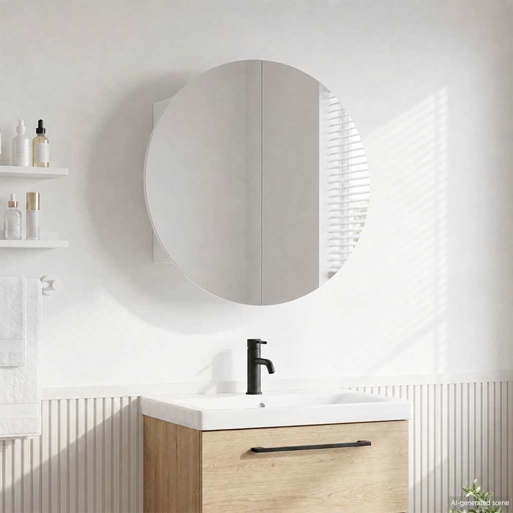 Bathroom Cabinet with Round Mirror&LED White 54x54x17.5 cm