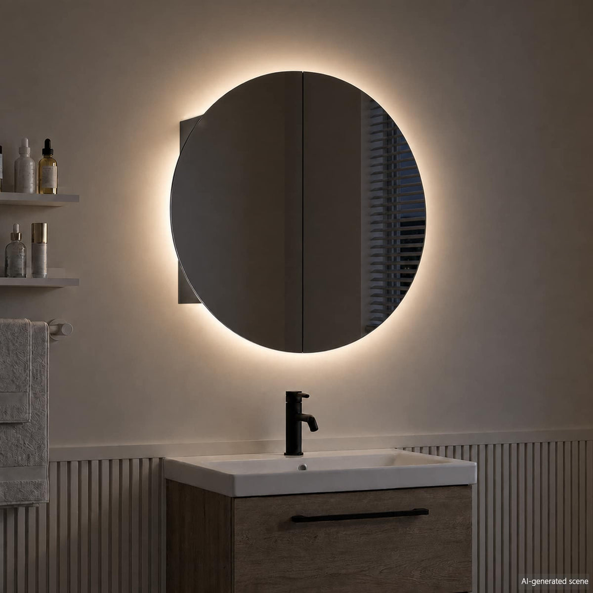Bathroom Cabinet with Round Mirror&LED Black 54x54x17,5 cm
