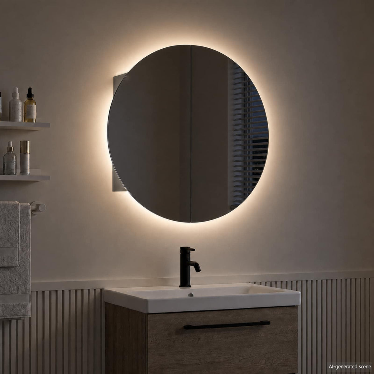 Bathroom Cabinet with Round Mirror&LED Grey 54x54x17,5 cm