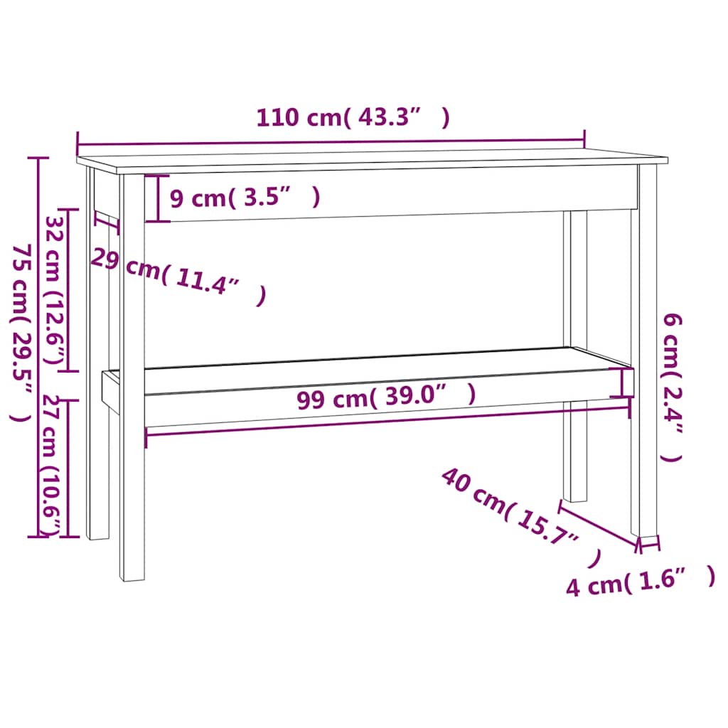 Console Table White 110x40x75 cm Solid Wood Pine