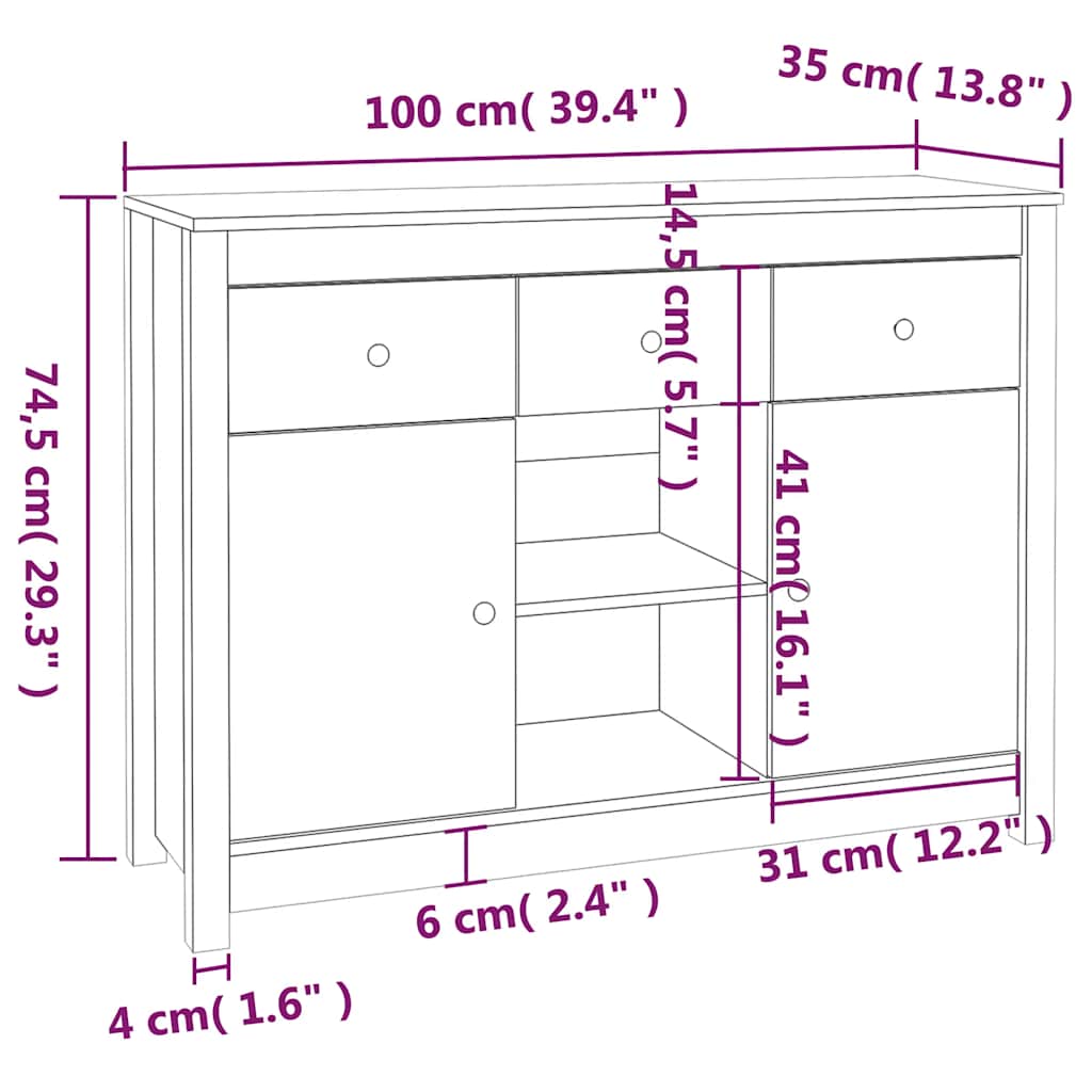 Sideboard Black 100x35x74,5 cm Solid Wood Pine