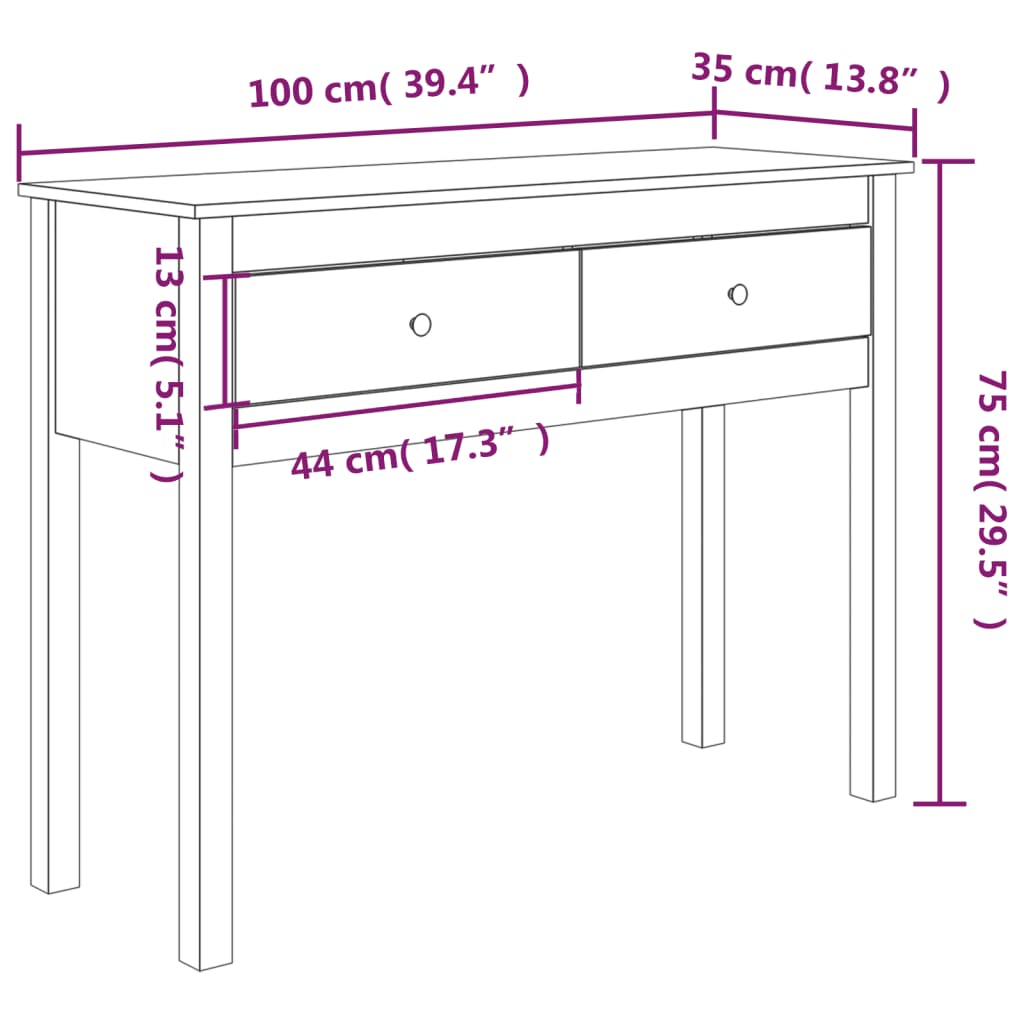 Console Table White 100x35x75 cm Solid Wood Pine