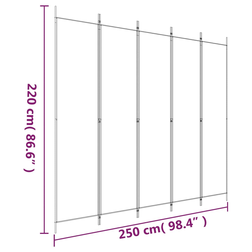 5-Panel Room Divider White 250x220 cm Fabric