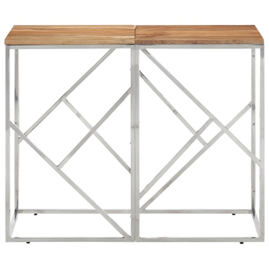 Console Table Silver Stainless Steel and Solid Wood Acacia