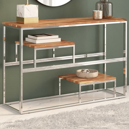 Console Table Silver Stainless Steel and Solid Acacia Wood