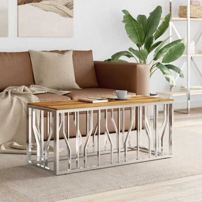 Coffee Table Silver Stainless Steel and Solid Wood Acacia
