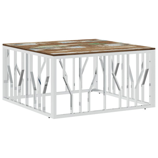 Coffee Table Silver Stainless Steel and Solid Wood Reclaimed