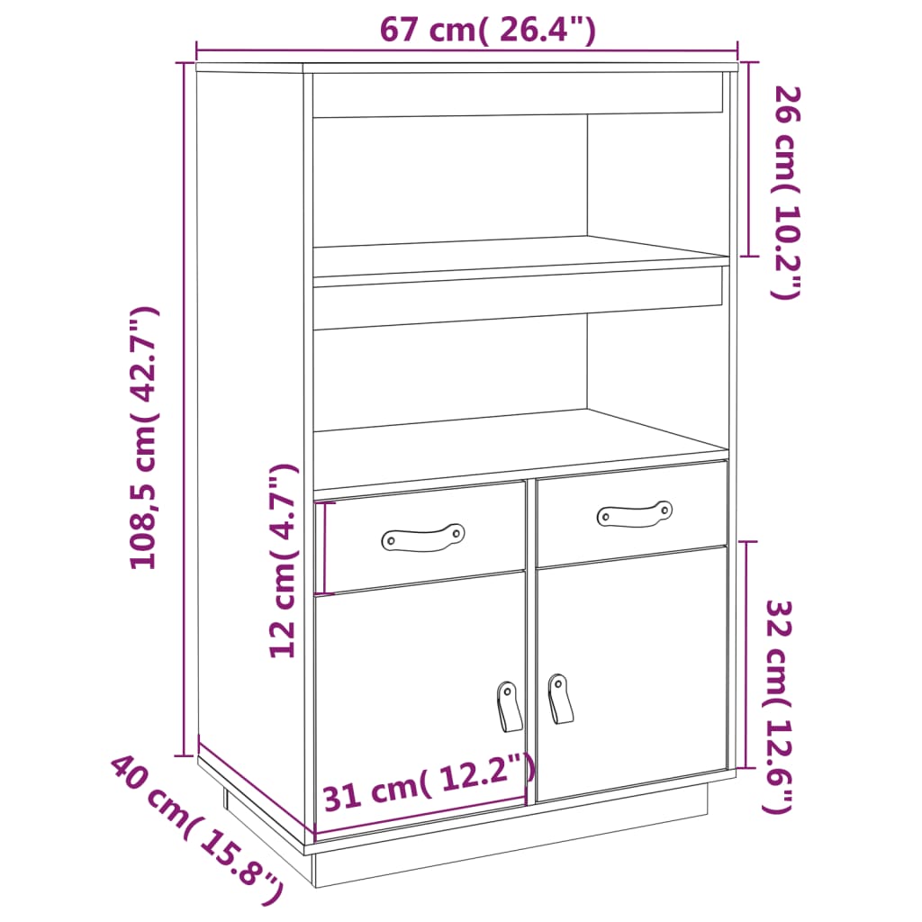 Highboard White 67x40x108.5 cm Solid Wood Pine
