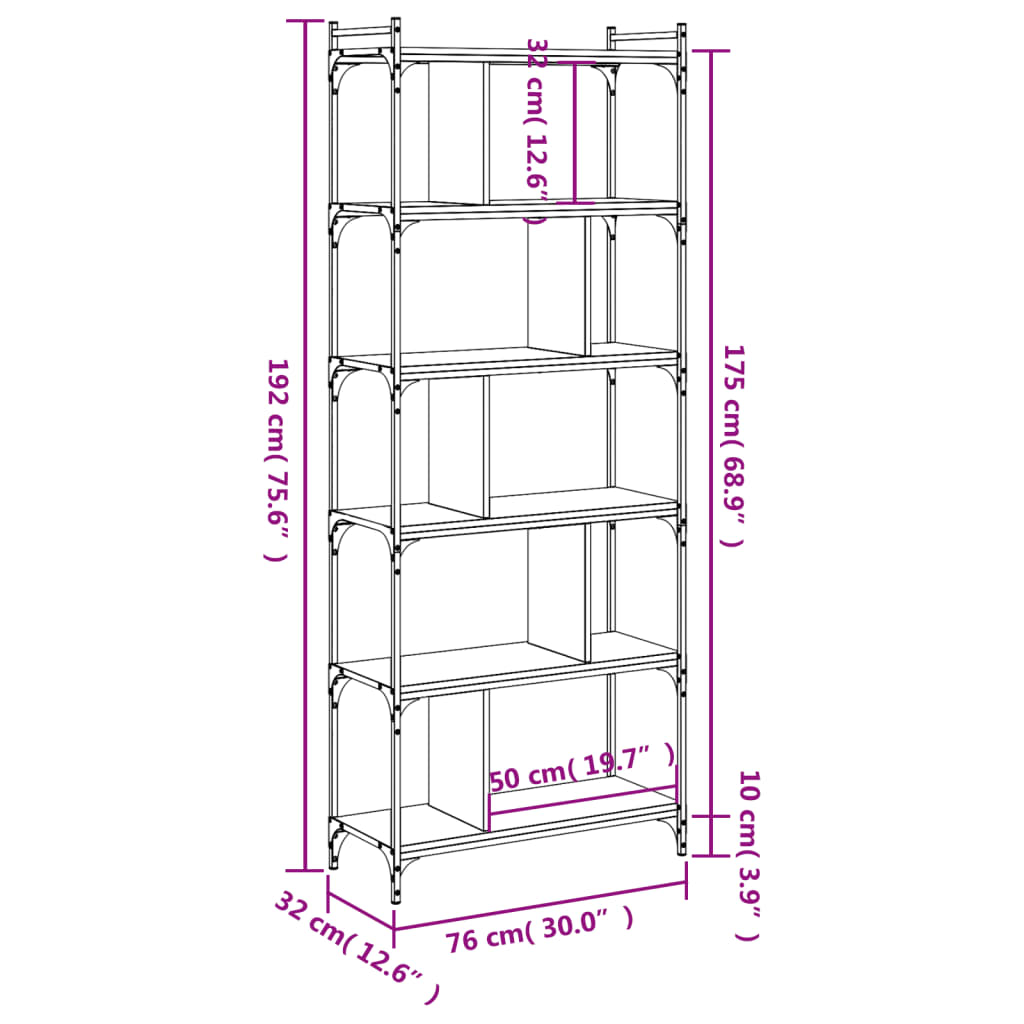 Bookcase 6-Tier Smoked Oak 76x32x192 cm Engineered Wood