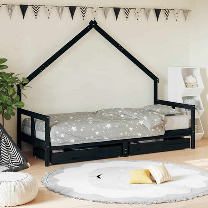 Kids Bed Frame with Drawers Black 80x200 cm Solid Wood Pine