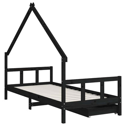 Kids Bed Frame with Drawers Black 90x200 cm Solid Wood Pine