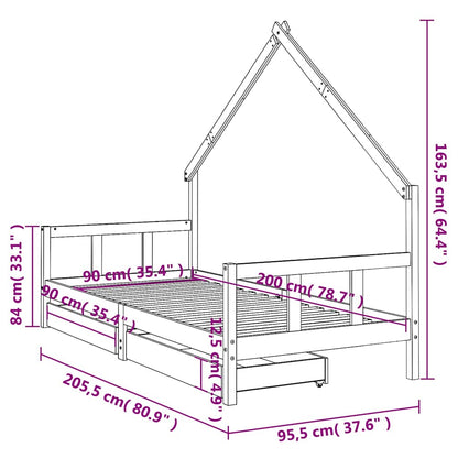Kids Bed Frame with Drawers Black 90x200 cm Solid Wood Pine