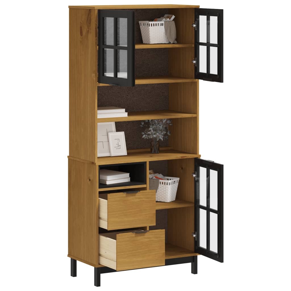 Highboard with Glass Doors "FLAM" 80x40x180 cm Solid Wood Pine
