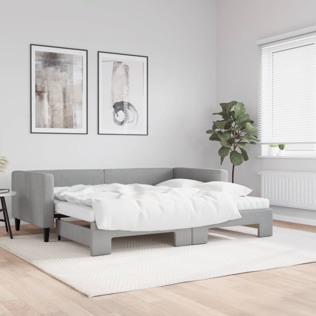 Daybed with Trundle and Mattresses Light Grey 90x190 cm Fabric