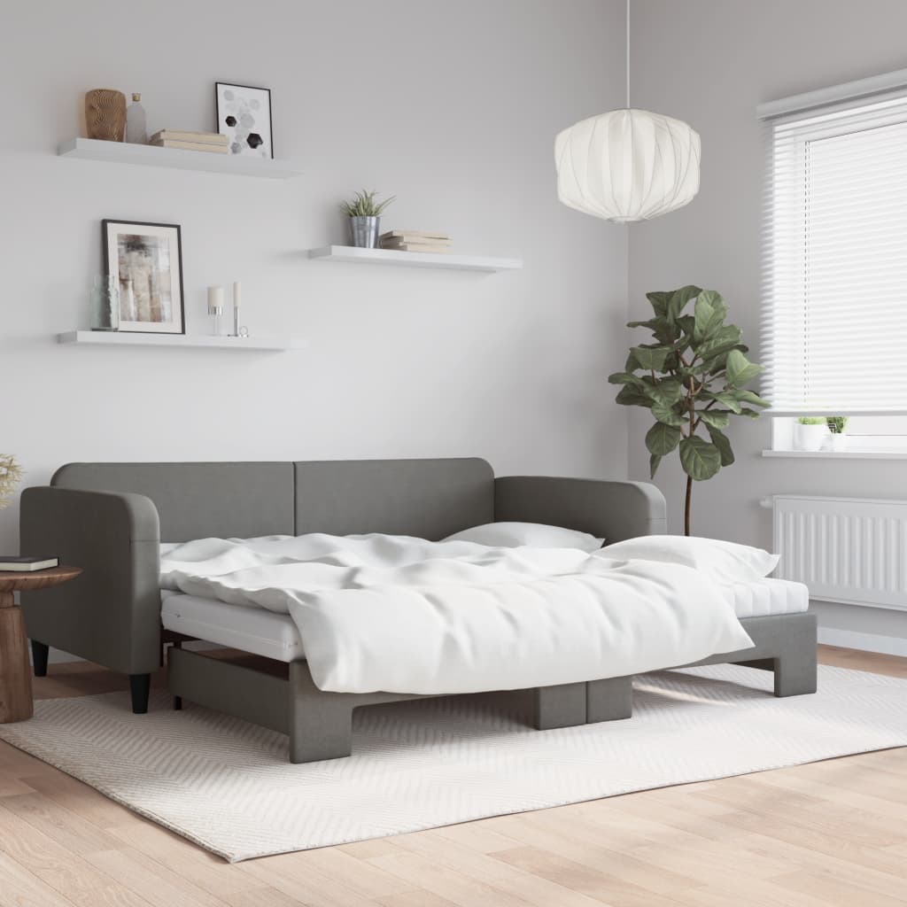 Daybed with Trundle and Mattresses Dark Grey 90x190 cm Fabric