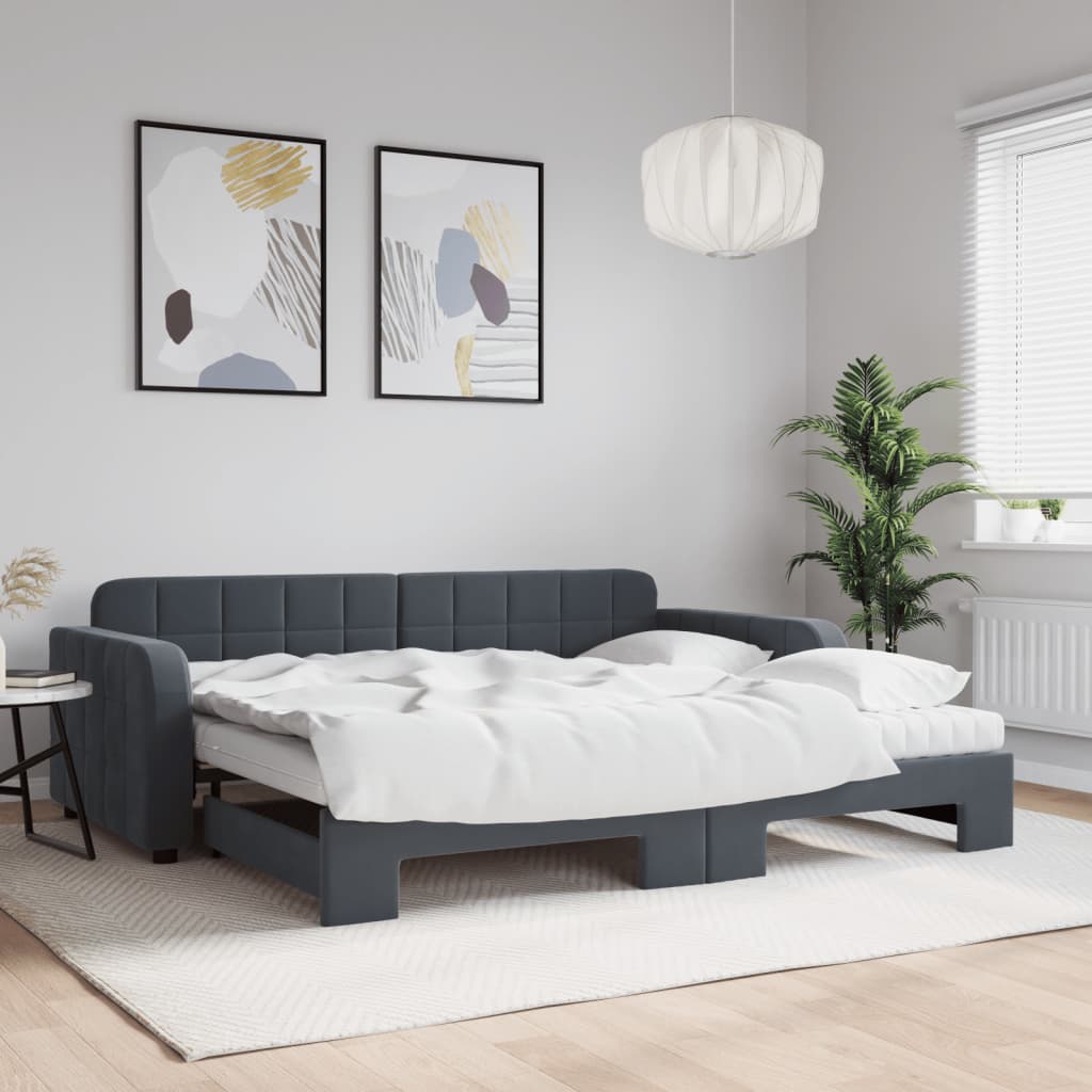 Daybed with Trundle and Mattresses Dark Grey 90x190 cm Velvet