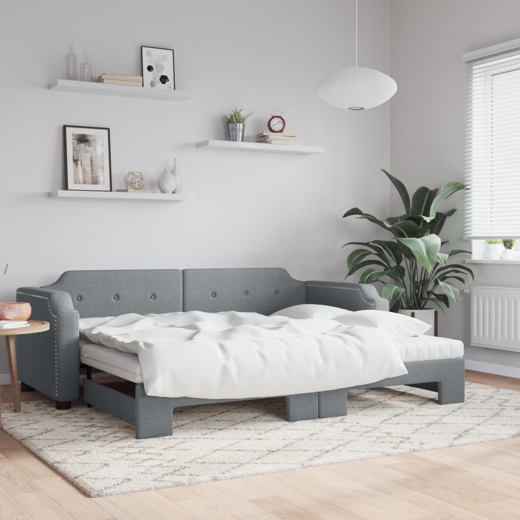 Daybed with Trundle and Mattresses Light Grey 90x190 cm Fabric