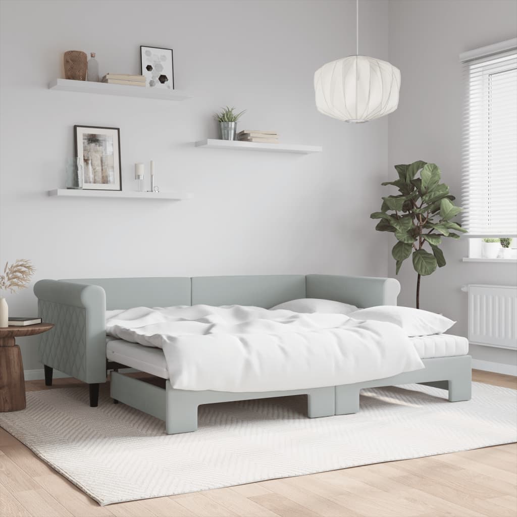 Daybed with Trundle and Mattresses Light Grey 90x190 cm Velvet