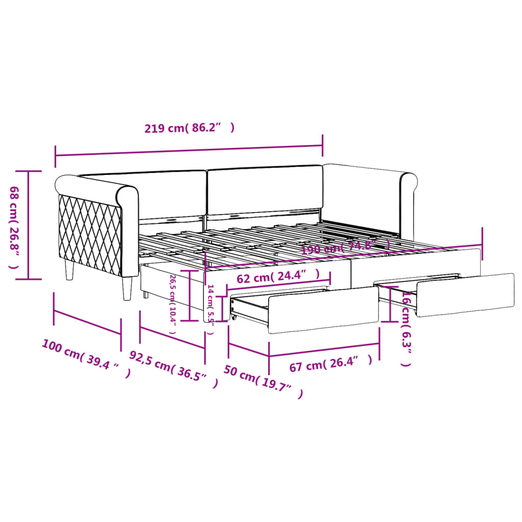 Daybed with Trundle&Drawers without Mattress Light Grey 90x190 cm Single