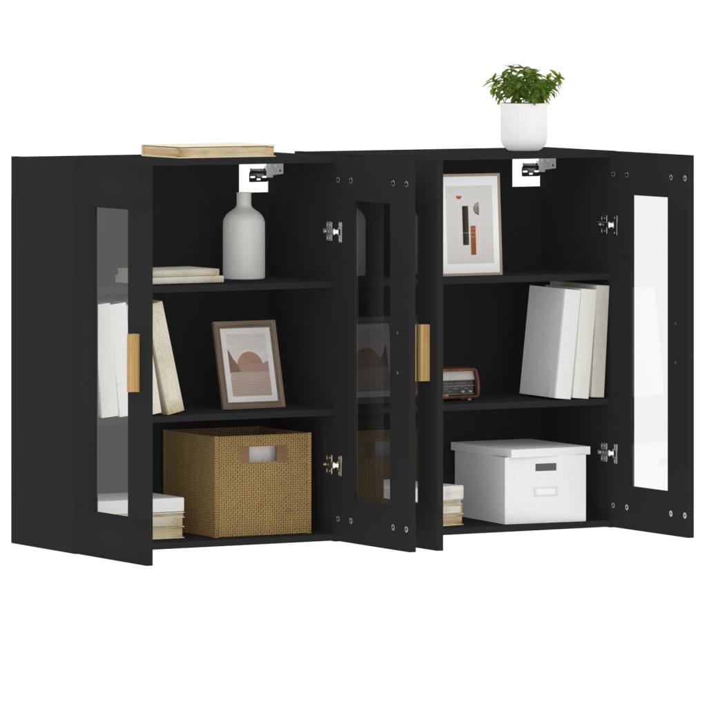 Wall Mounted Cabinet | Set of 2 | Black | Engineered wood, glass