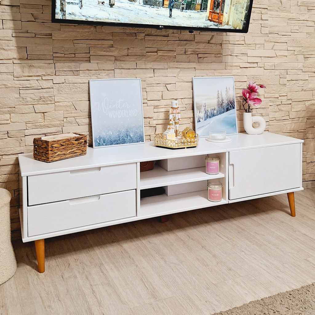 TV Cabinet "MOLDE" White 158x40x49 cm Solid Wood Pine
