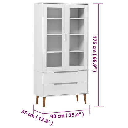 Vitrine Cabinet "MOLDE" White 90x35x175 cm Solid Wood Pine