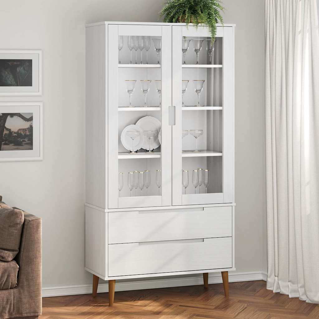 Vitrine Cabinet "MOLDE" White 90x35x175 cm Solid Wood Pine
