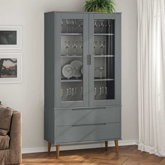 Vitrine Cabinet "MOLDE" Grey 90x35x175 cm Solid Wood Pine
