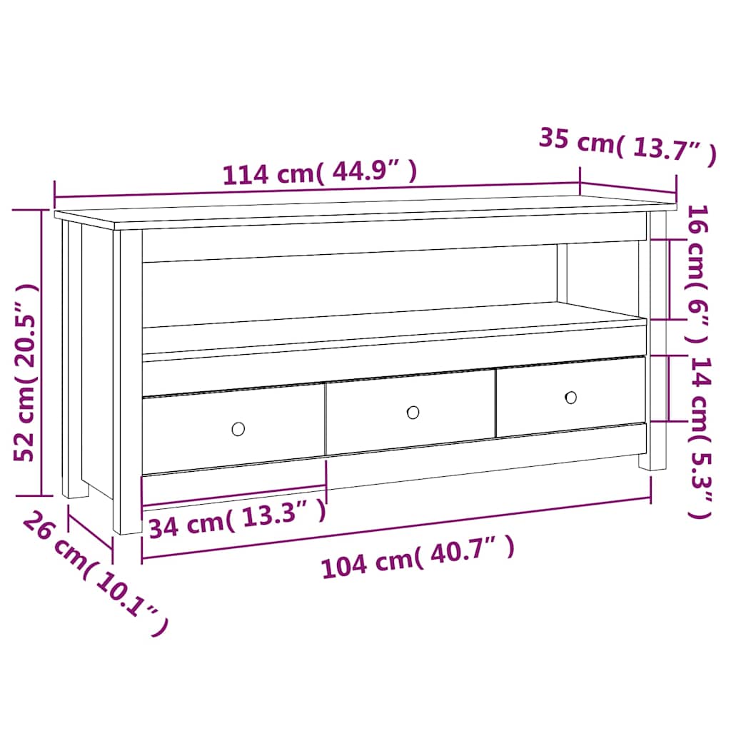 TV Cabinet White 114x35x52 cm Solid Wood Pine
