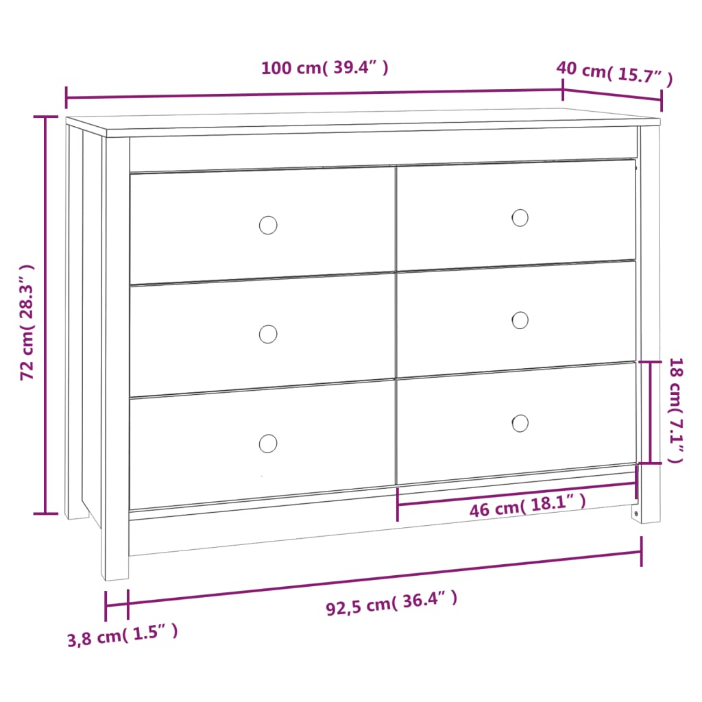 Side Cabinet White 100x40x72 cm Solid Wood Pine