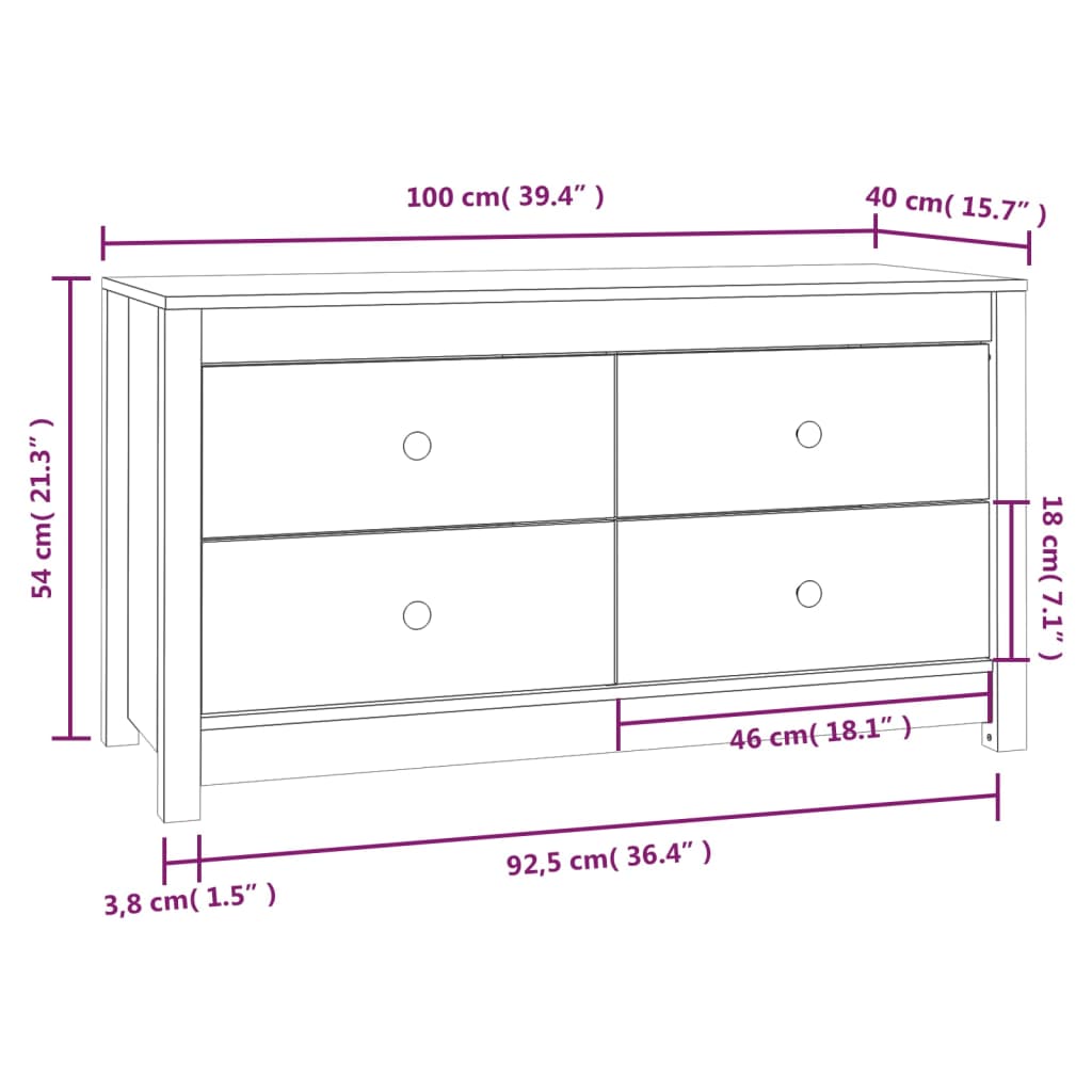 Side Cabinet White 100x40x54 cm Solid Wood Pine