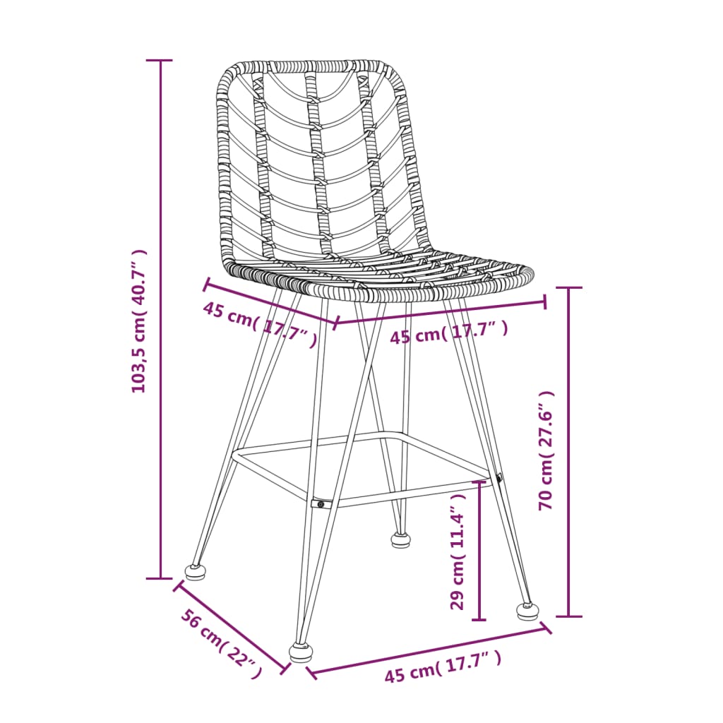 Bar Stool | Set of 2 | Black | PE Rattan and Steel | Regular | Footrest