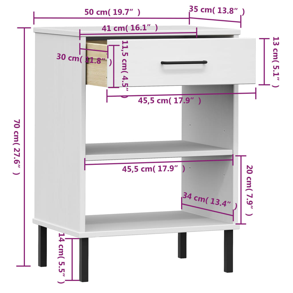 Console Cabinet with Metal Legs White Solid Wood Pine OSLO