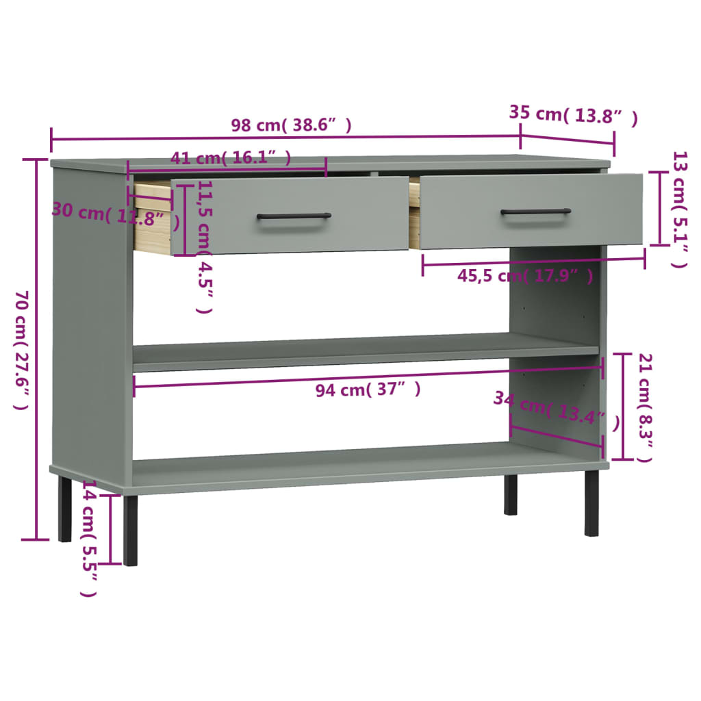 Console Cabinet with Metal Legs Grey Solid Wood Pine OSLO