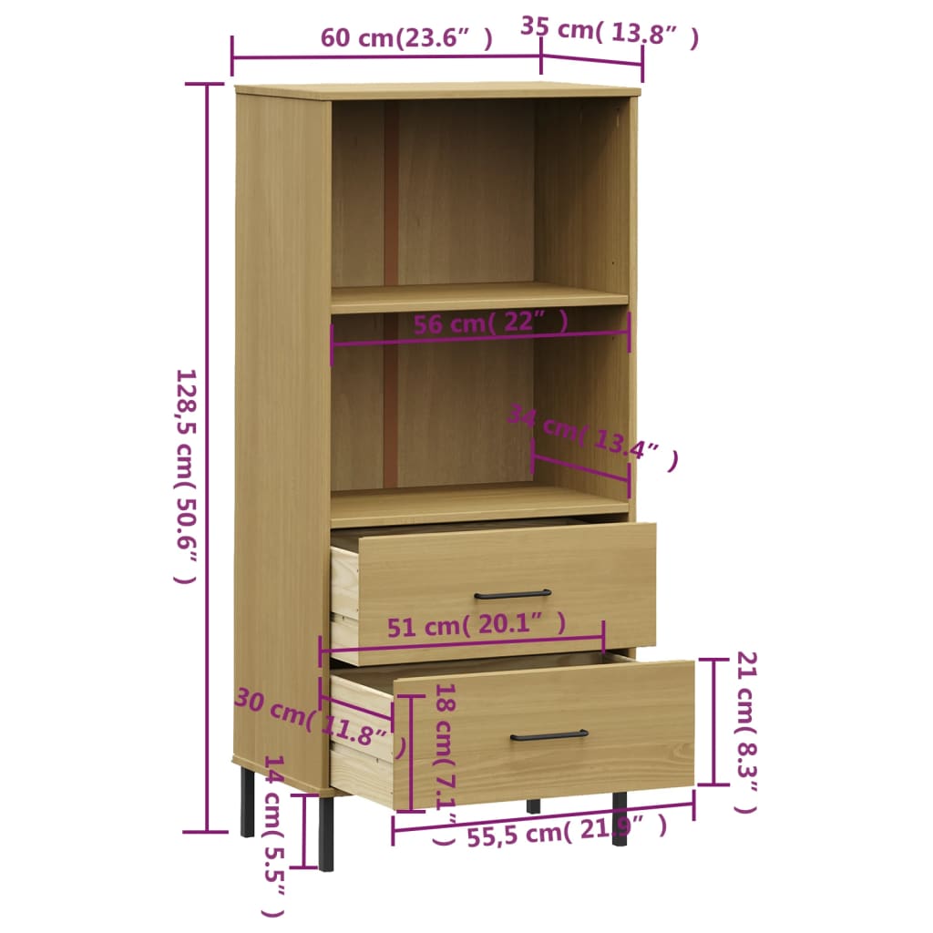 Bookcase with 2 Drawers Brown 60x35x128,5 cm Solid Wood "OSLO